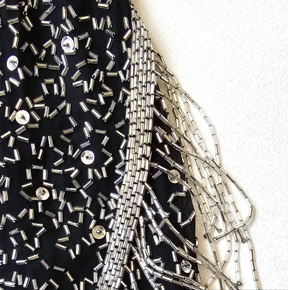 A.J. Bari Petites Silk Hand Beaded Fringe Cocktail Dress Black Silver Gatsby 20s - Picture 6 of 15